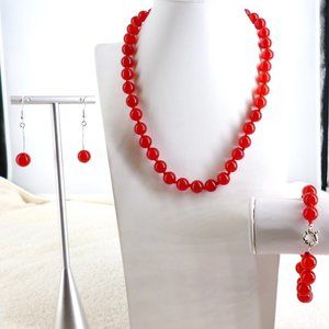 Red Necklace, Bracelet, Earring Set Glass Beads Fancy Clasp 18" - 21" NWOT Mint